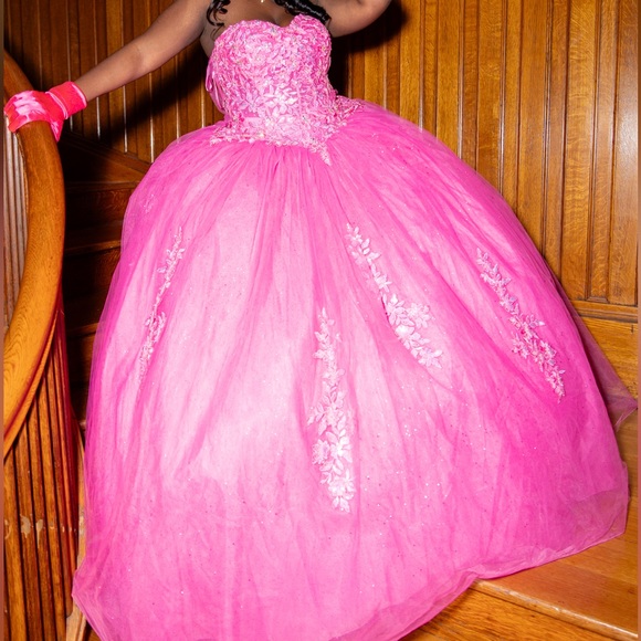 Pink Strapless Ball Gown with Floral Appliqué